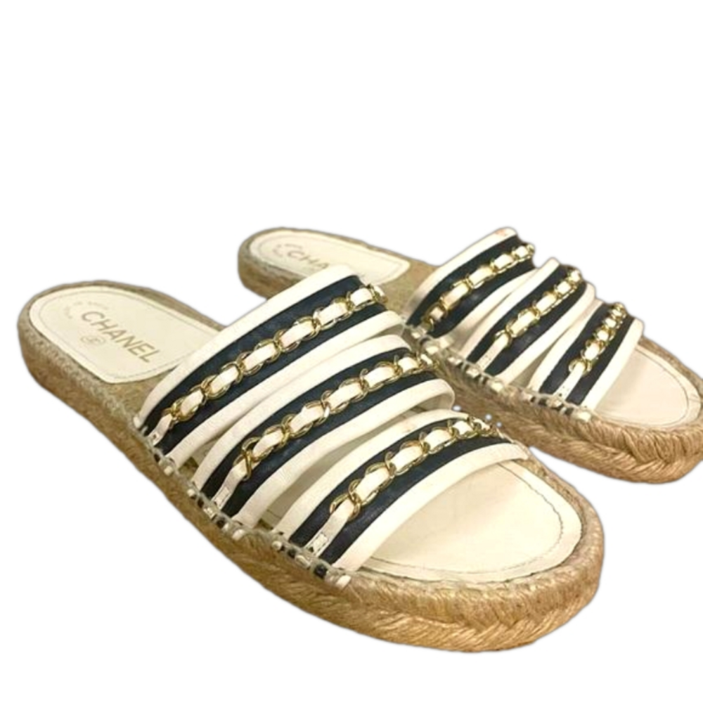 Chanel 2020 black and white leather Espardrille Slip On with gold chains
